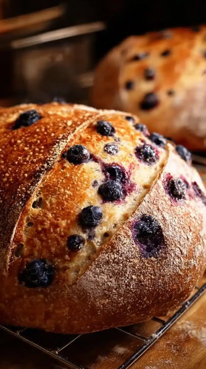 Sliced blueberry lemon cream cheese sourdough bread on a wooden board