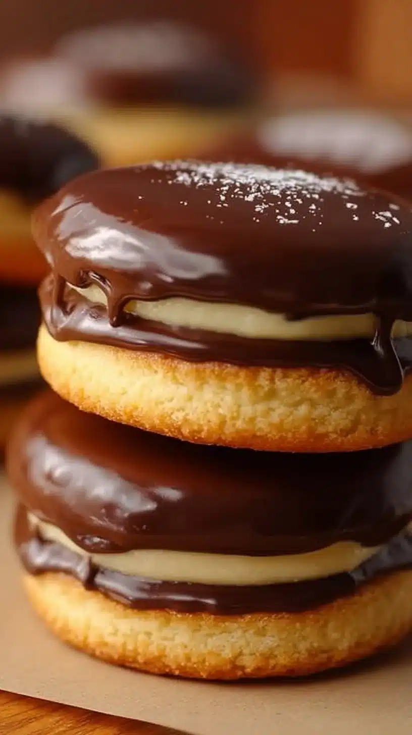 Boston Cream Pie Cookies with vanilla cream filling and chocolate topping