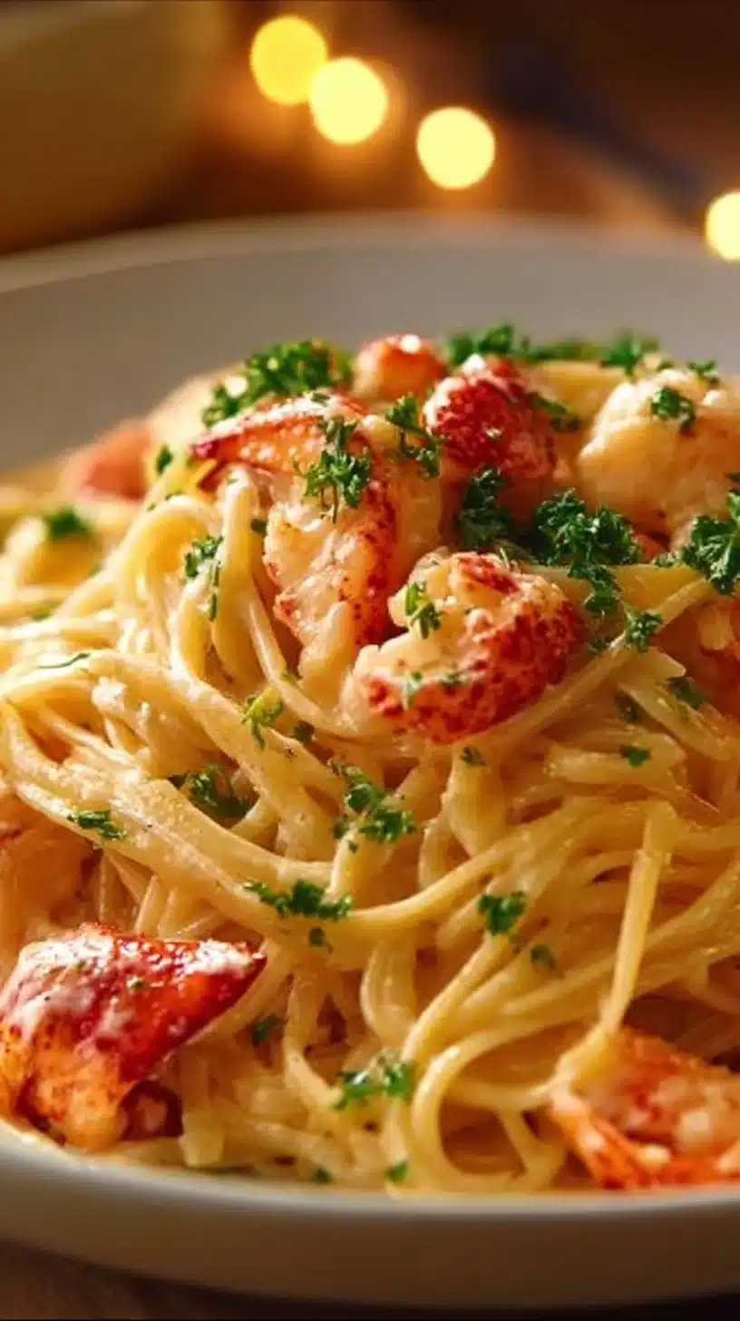 Buttered lobster pasta dish garnished with garlic and fresh herbs