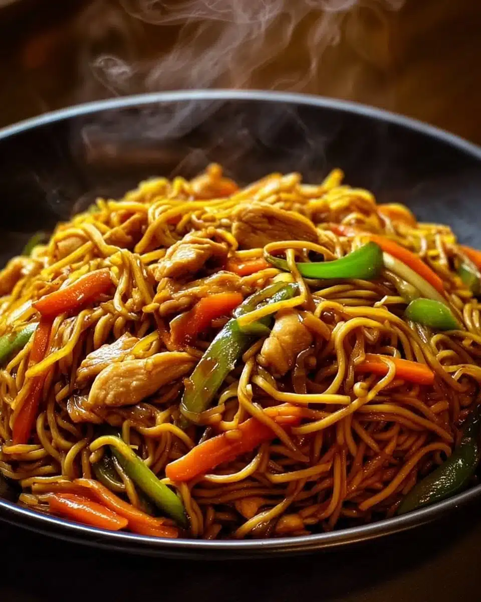 Plate of Chicken Lo Mein with colorful vegetables and noodles