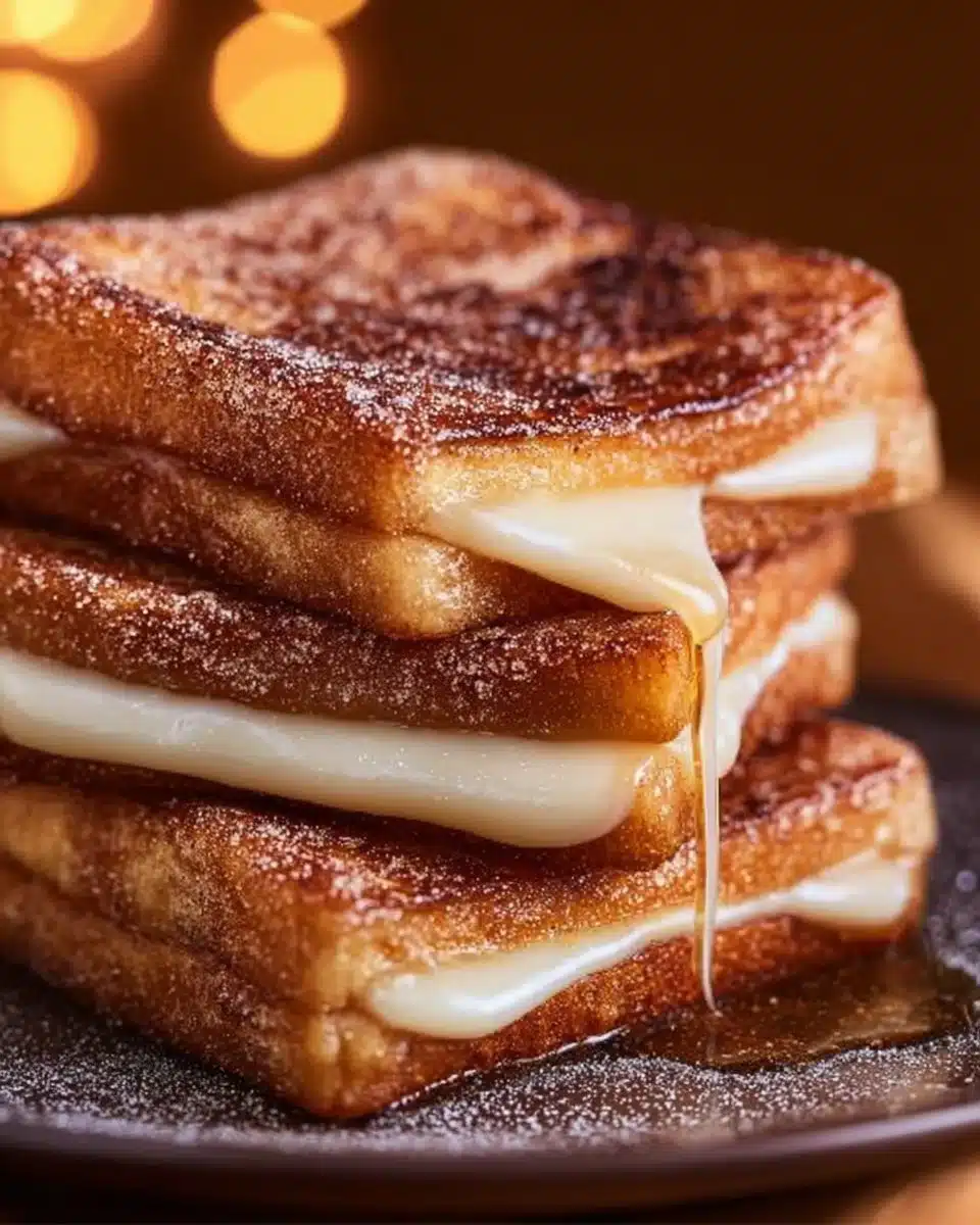 Churro stuffed French toast topped with cinnamon sugar and creamy filling