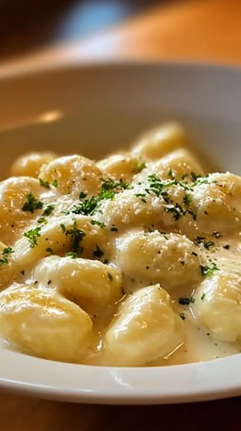 Creamy millionaire gnocchi served in a bowl for a cozy dinner