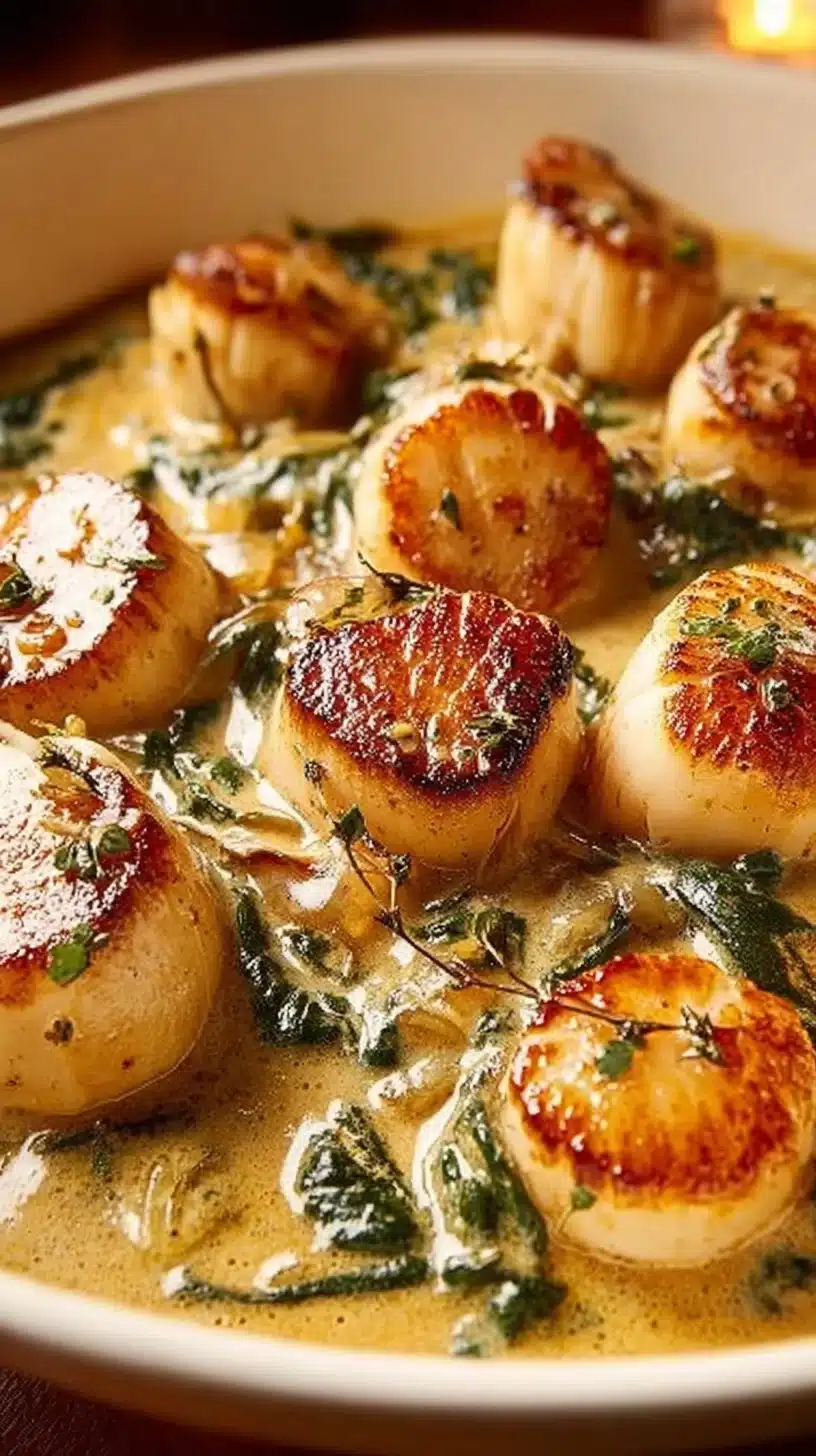 Creamy Tuscan scallops in garlic parmesan sauce garnished with herbs
