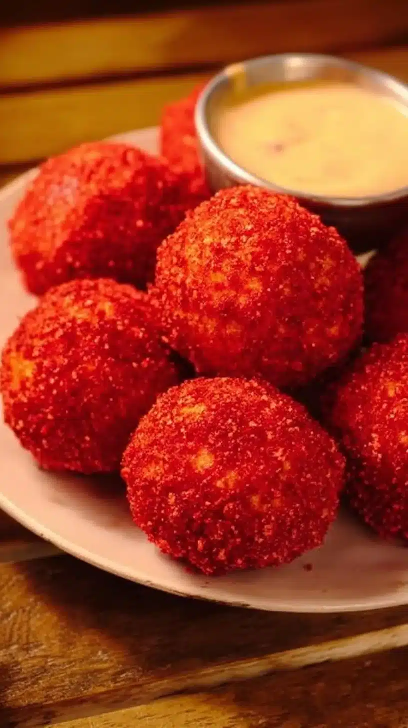 Crispy Hot Cheetos Boudin Balls ready to serve with dipping sauce.