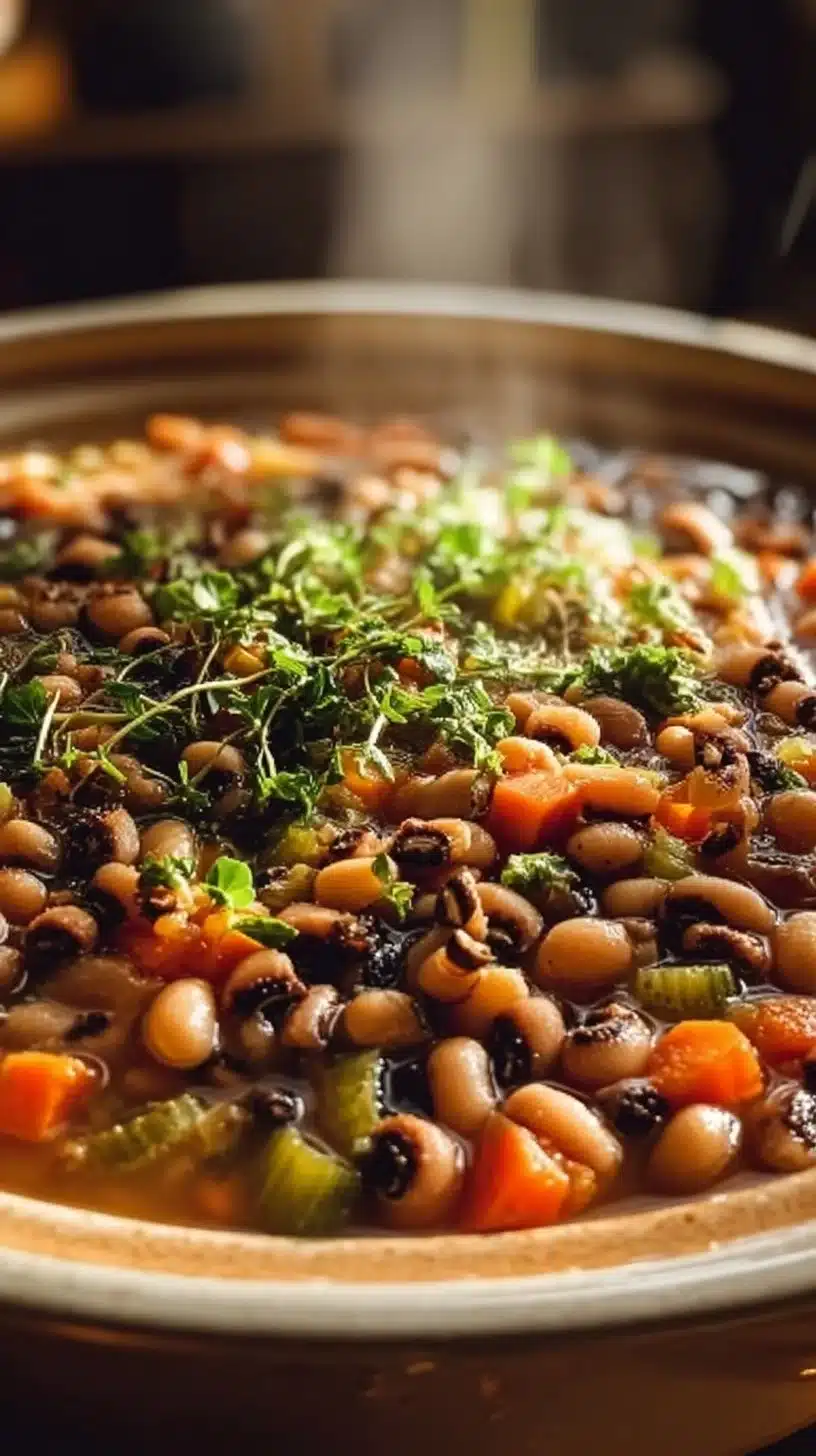 Delicious Crock Pot Southern Black-Eyed Peas in a bowl garnished with herbs.