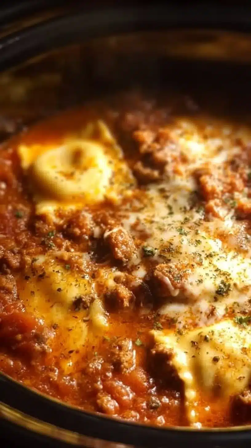 Delicious crockpot ravioli lasagna served on a plate, showcasing layers of cheese and pasta.