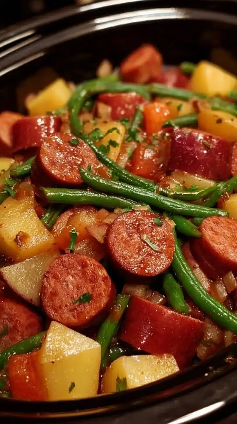 Crockpot sausage cooked with green beans in a slow cooker.