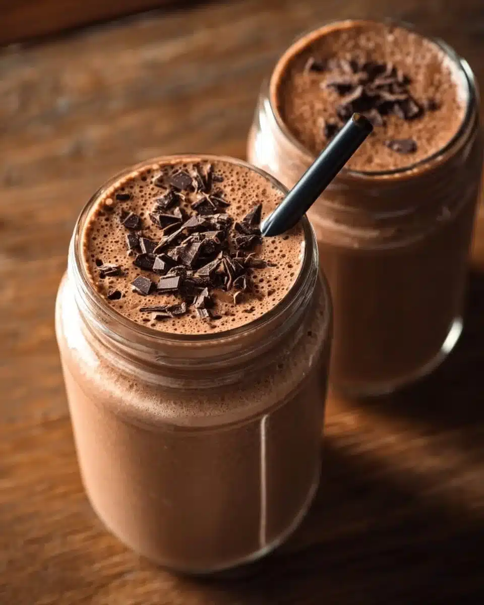 Decadent chocolate protein shake in a glass with a straw for a healthy boost