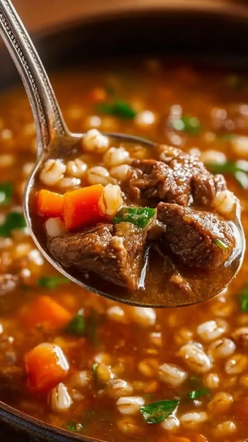 Delicious and hearty easy beef barley soup ready to serve in a bowl