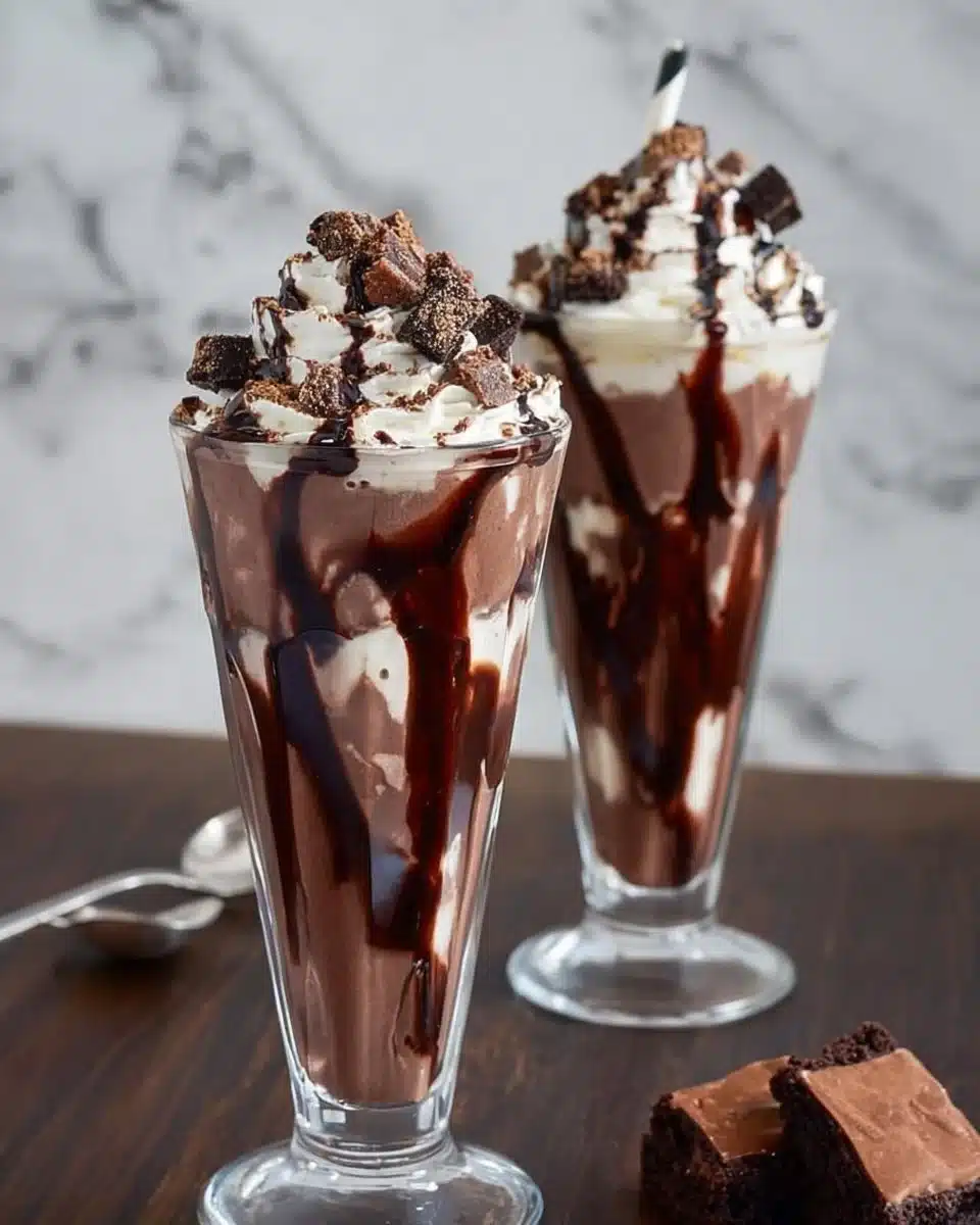 Delicious brownie milkshake topped with whipped cream and chocolate drizzle