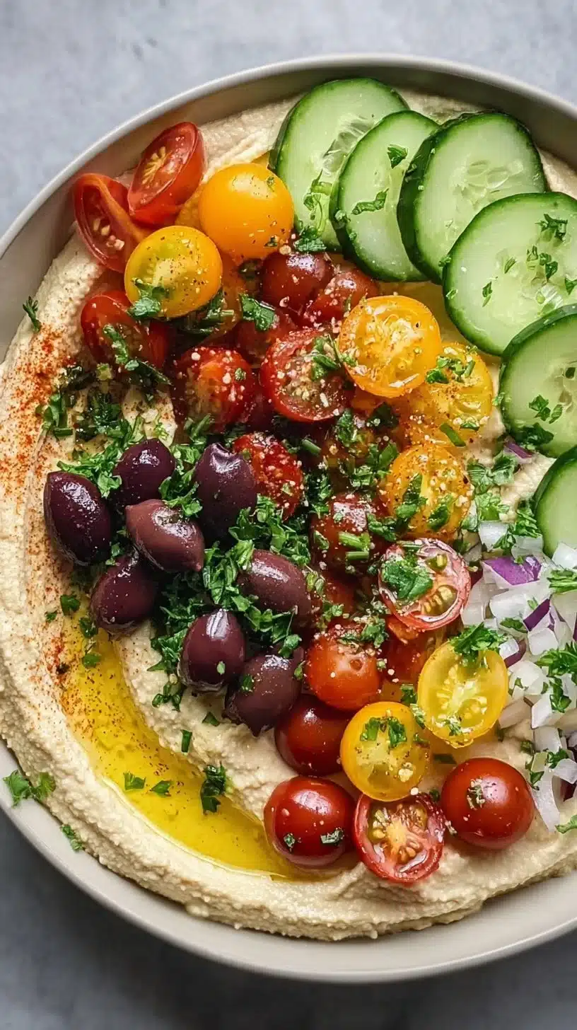 Bowl of easy Greek style loaded hummus topped with veggies and herbs