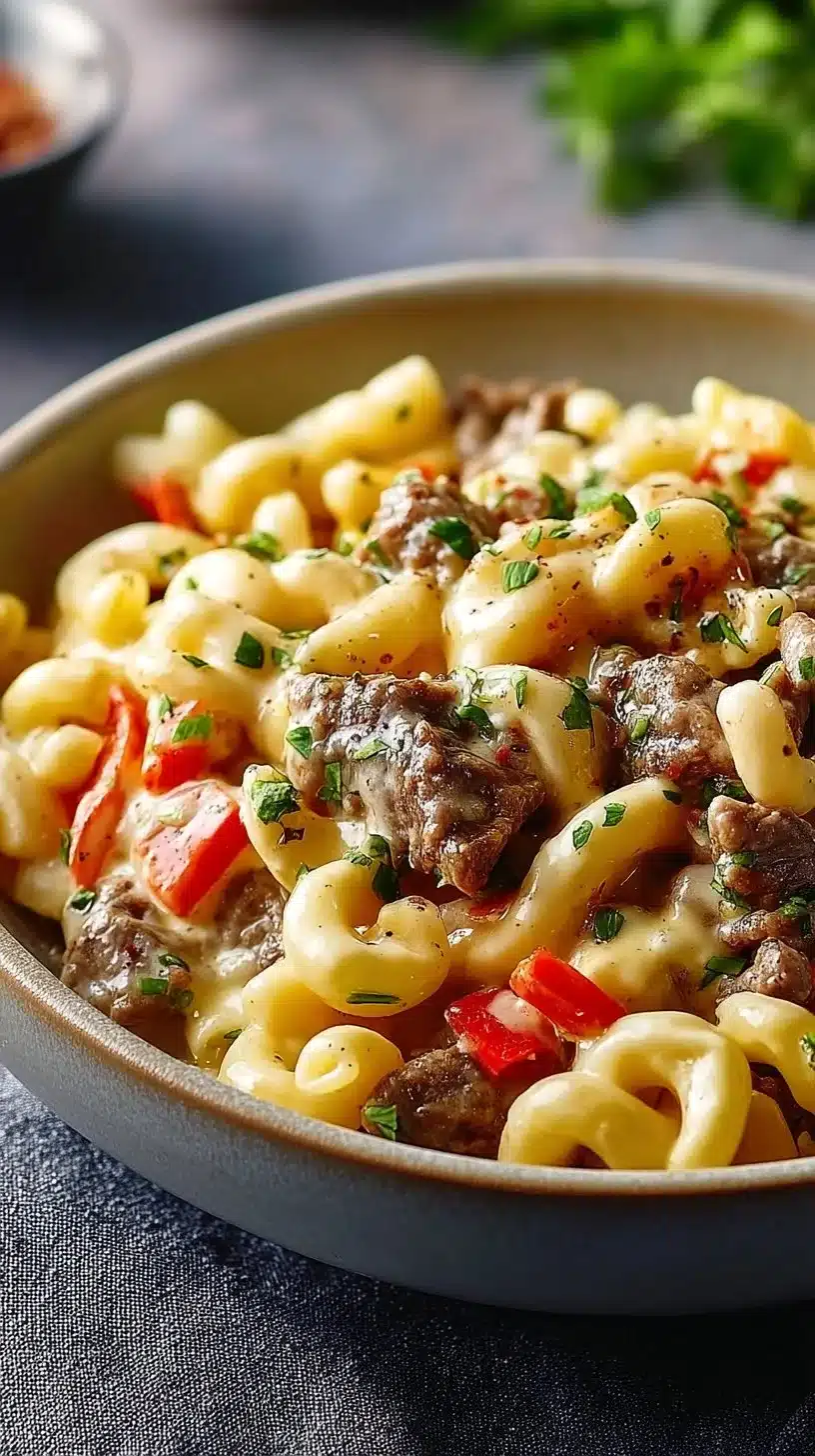 High-Protein Creamy Philly Cheesesteak Mac & Cheese Bliss