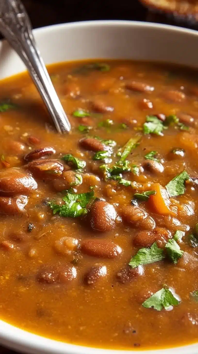 Bowl of easy Pinto Bean Soup steaming on a cold night