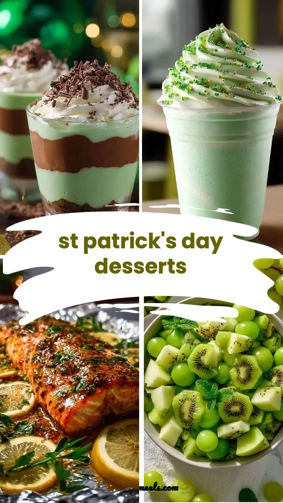 Colorful and fun green St Patrick's Day desserts displayed on a festive table.