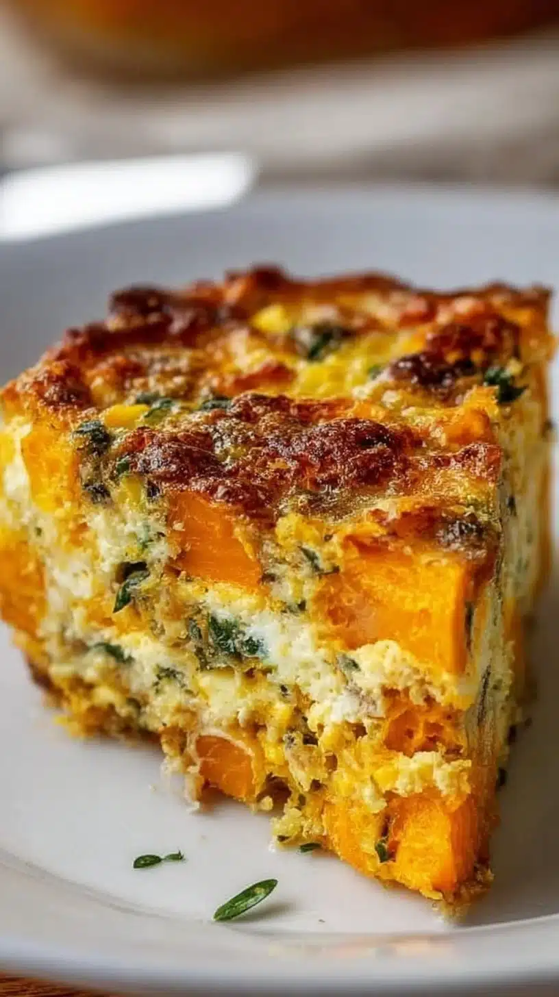 Easy sweet potato egg casserole topped with herbs and spices