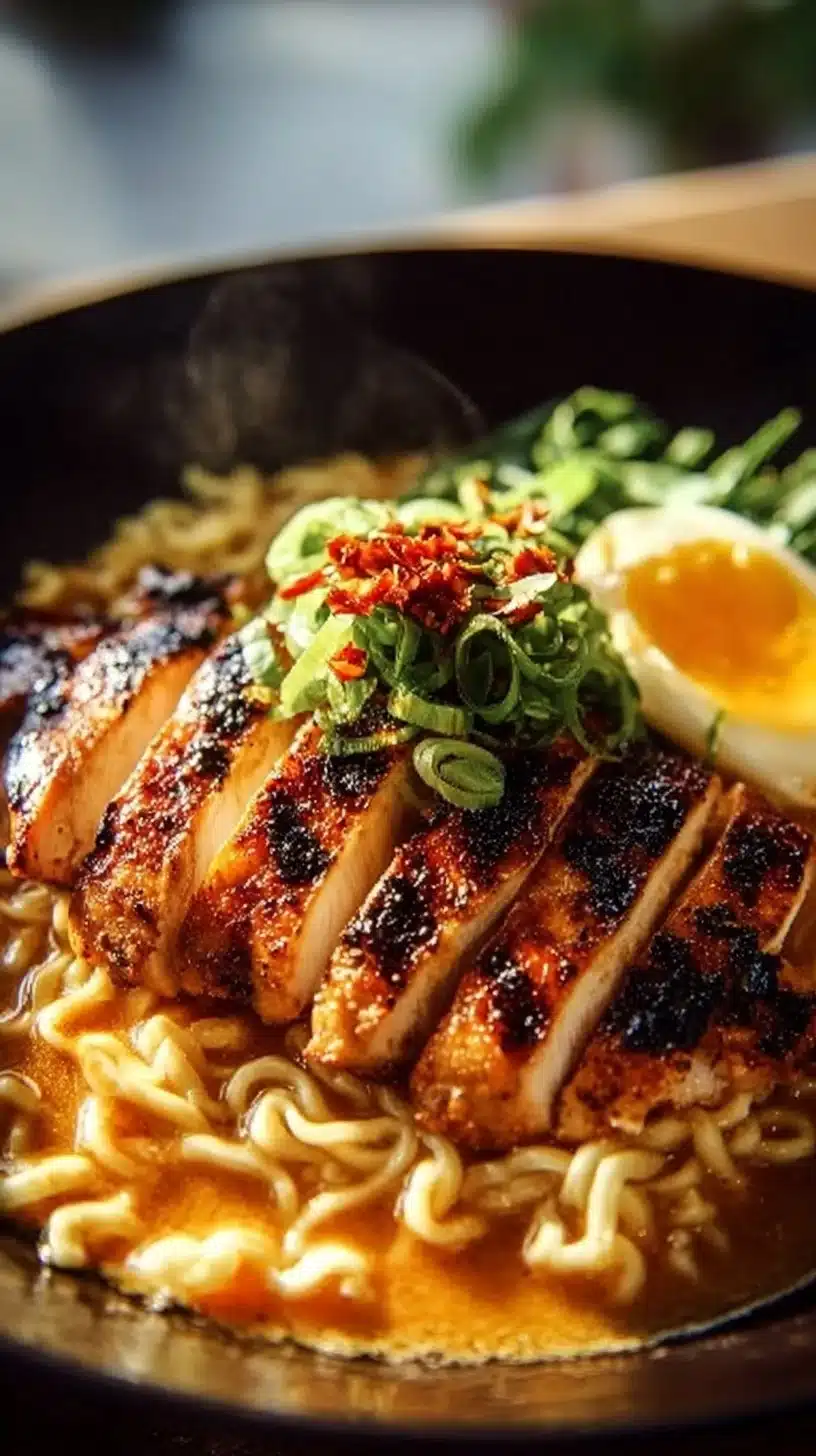 Bowl of fiery chicken ramen with creamy garlic sauce garnished with green onions