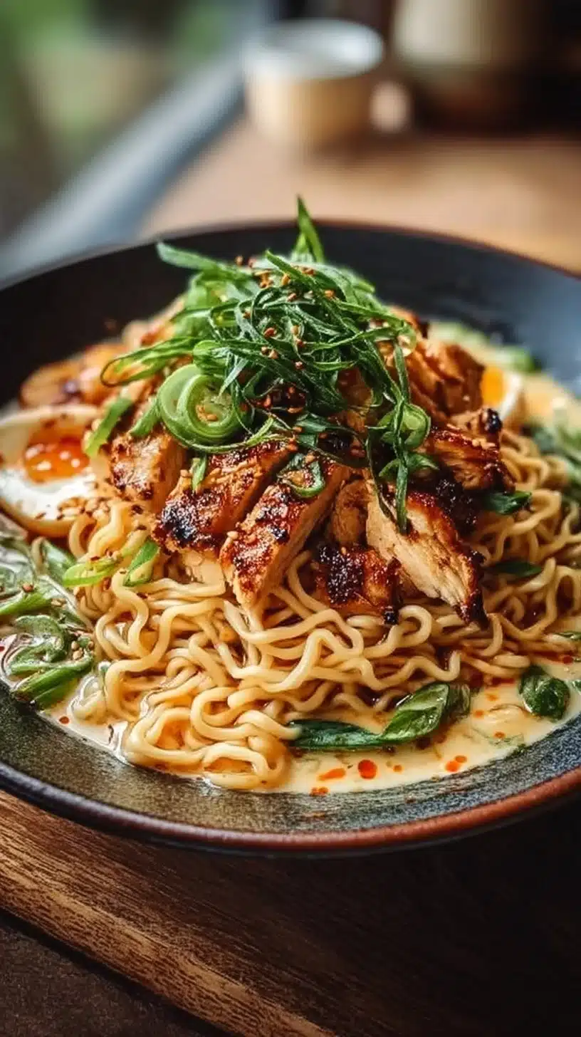 Fiery Chicken Ramen with Creamy Garlic Sauce