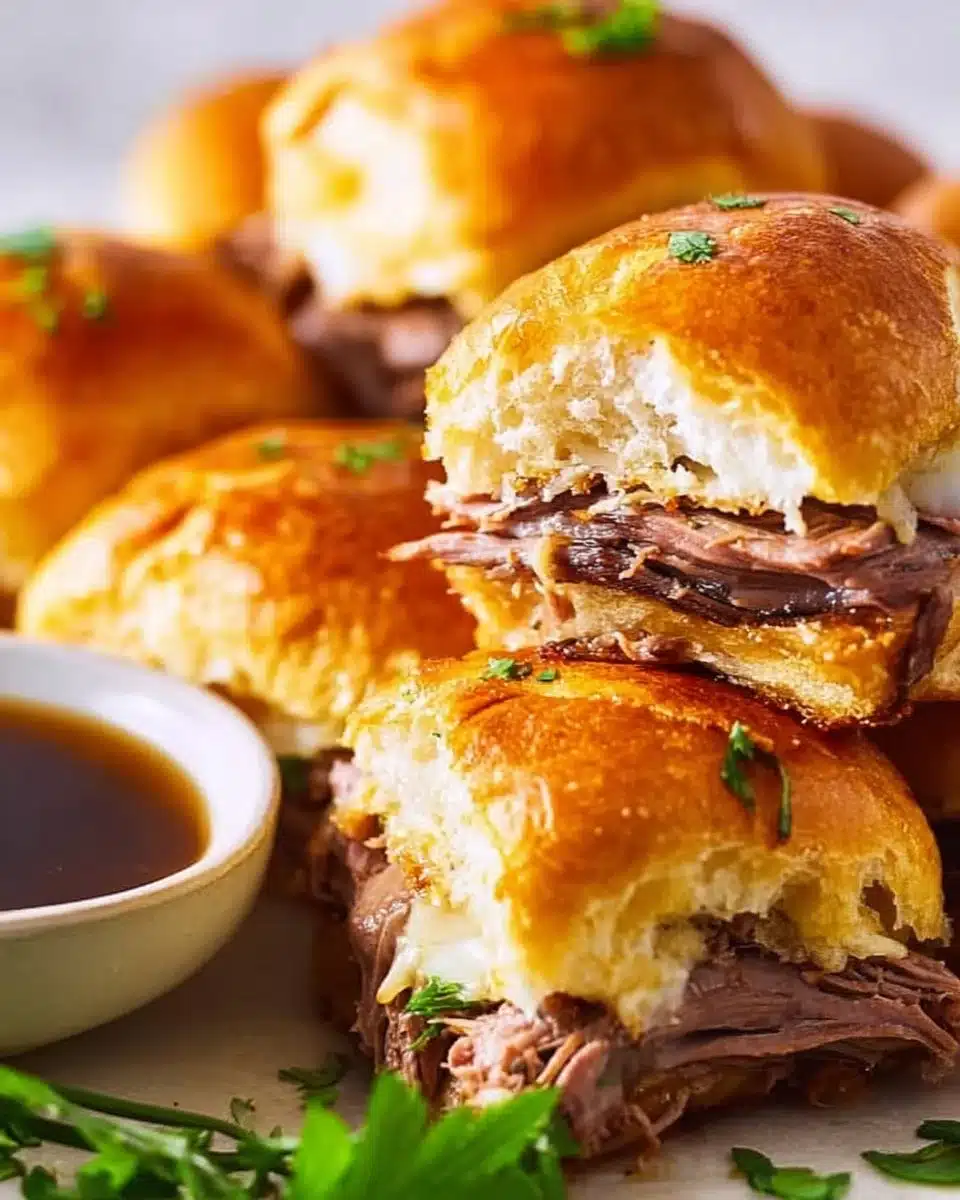 Delicious French Dip Sliders with tender beef and rich dipping sauce served on a plate.