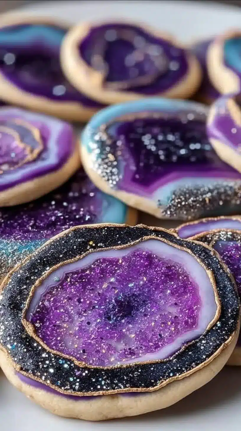 Geode cookies with vibrant candy crystal centers for a stunning dessert presentation.