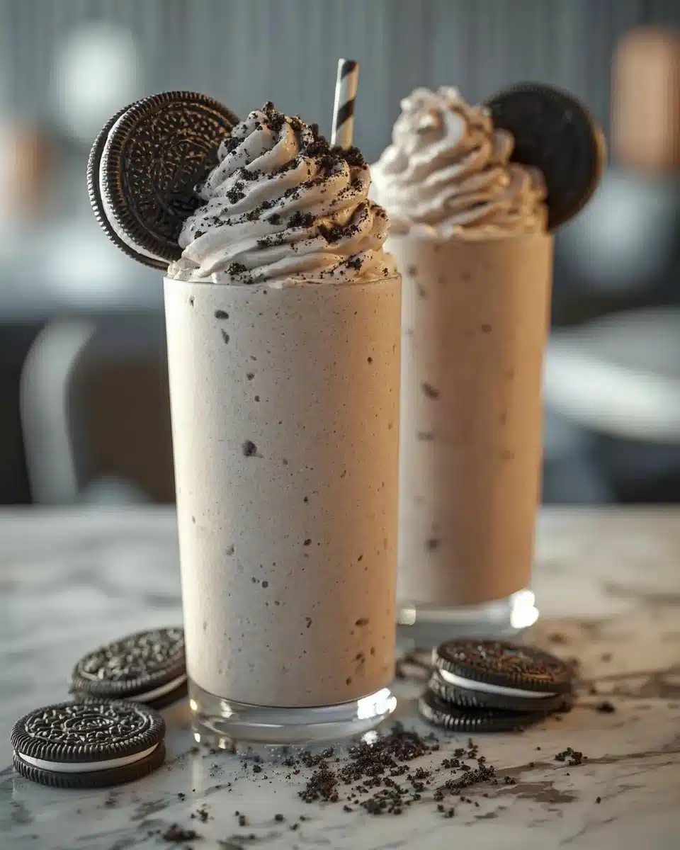Delicious homemade Oreo milkshake with chocolate cookie flavor in a glass
