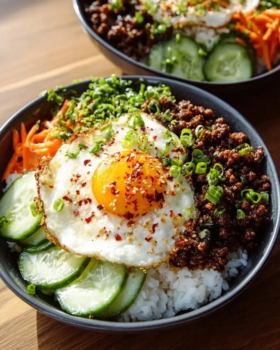 Korean Ground Beef Bowl garnished with green onions and sesame seeds