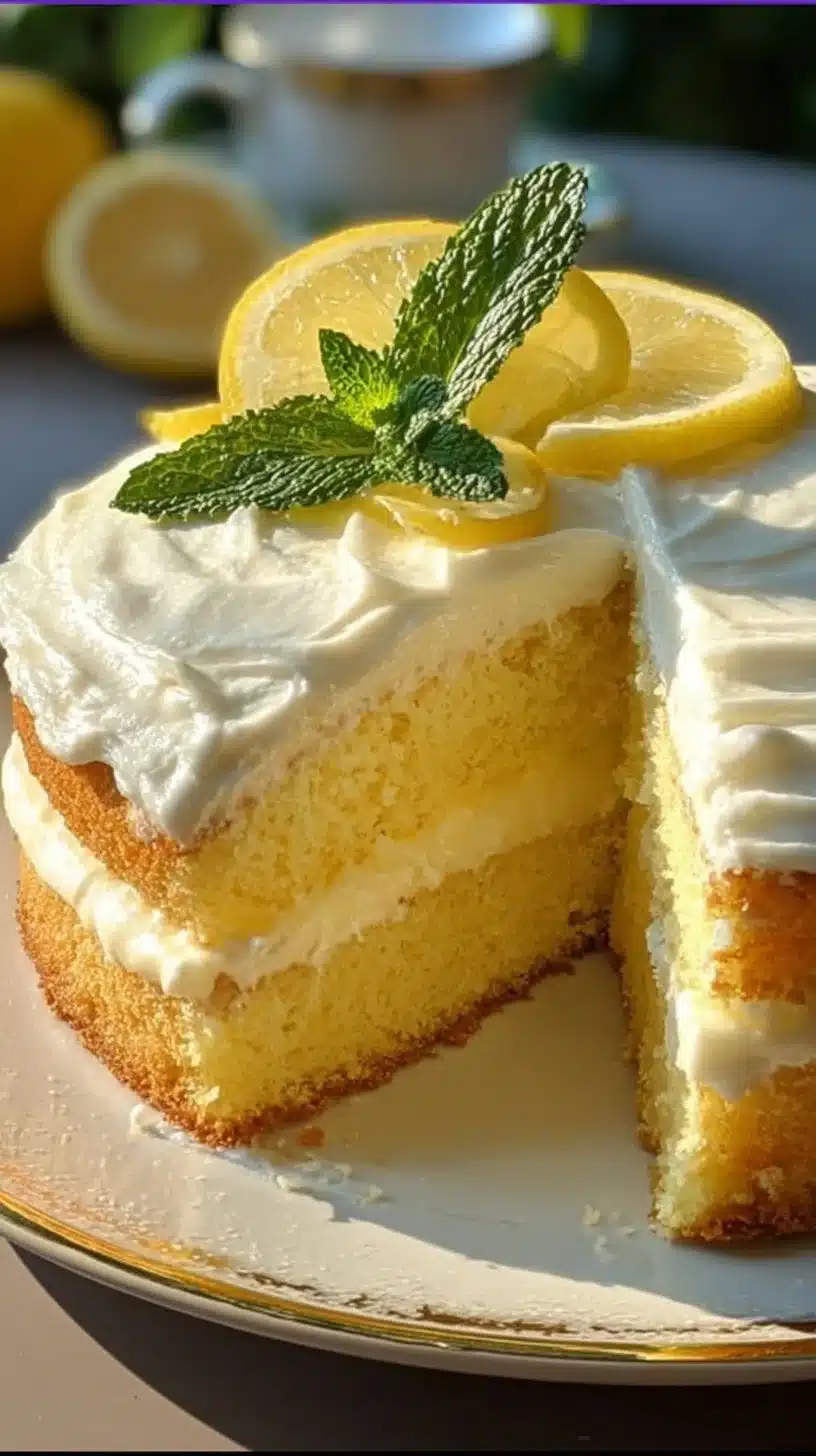 Limoncello Drizzle Mascarpone Cake topped with lemon drizzle and fresh berries