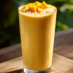 Mango Coconut Smoothie made with frozen mango, coconut milk, and orange juice in a tall glass
