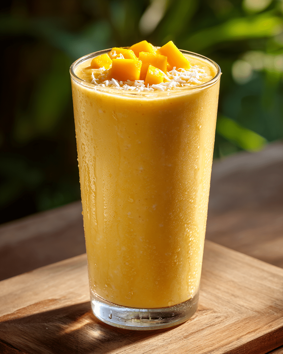 Mango Coconut Smoothie made with frozen mango, coconut milk, and orange juice in a tall glass