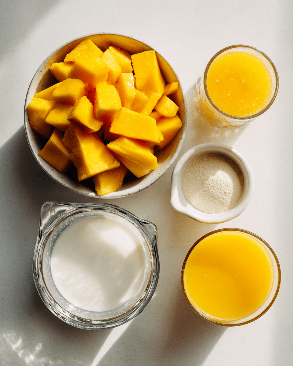 Ingredients for Mango Coconut Smoothie including frozen mango, coconut milk, almond milk, and orange juice