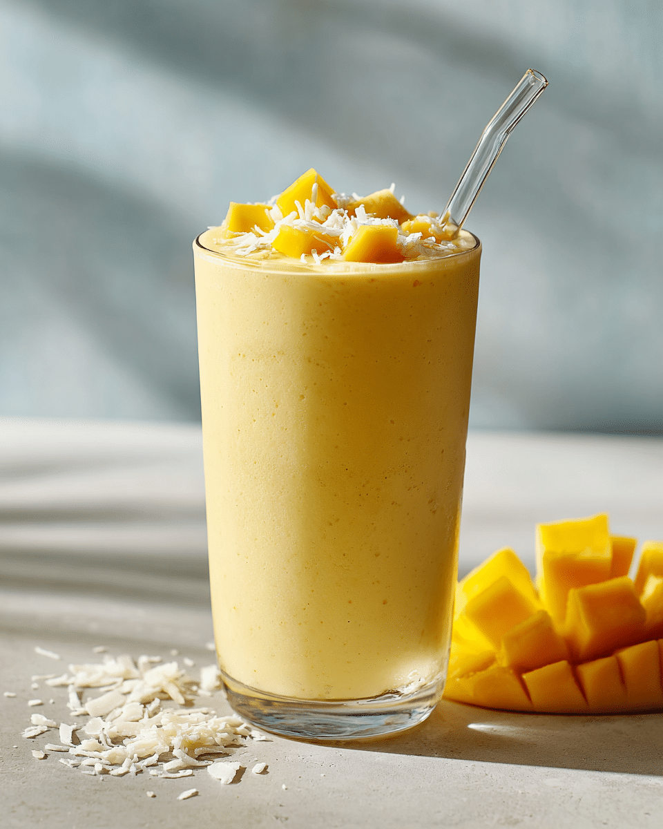 Mango Coconut Smoothie served in a glass with mango garnish and coconut topping