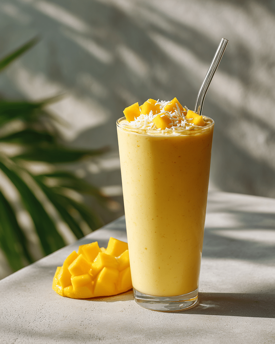 Mango Coconut Smoothie served in a glass with mango garnish and coconut topping and a half mango