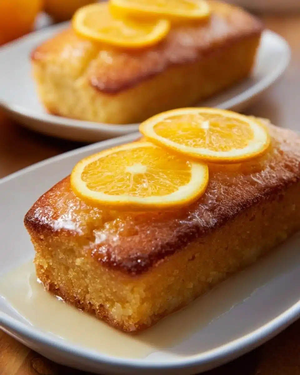 Slice of moist Meyer Lemon Almond Pound Cake with bright lemon glaze