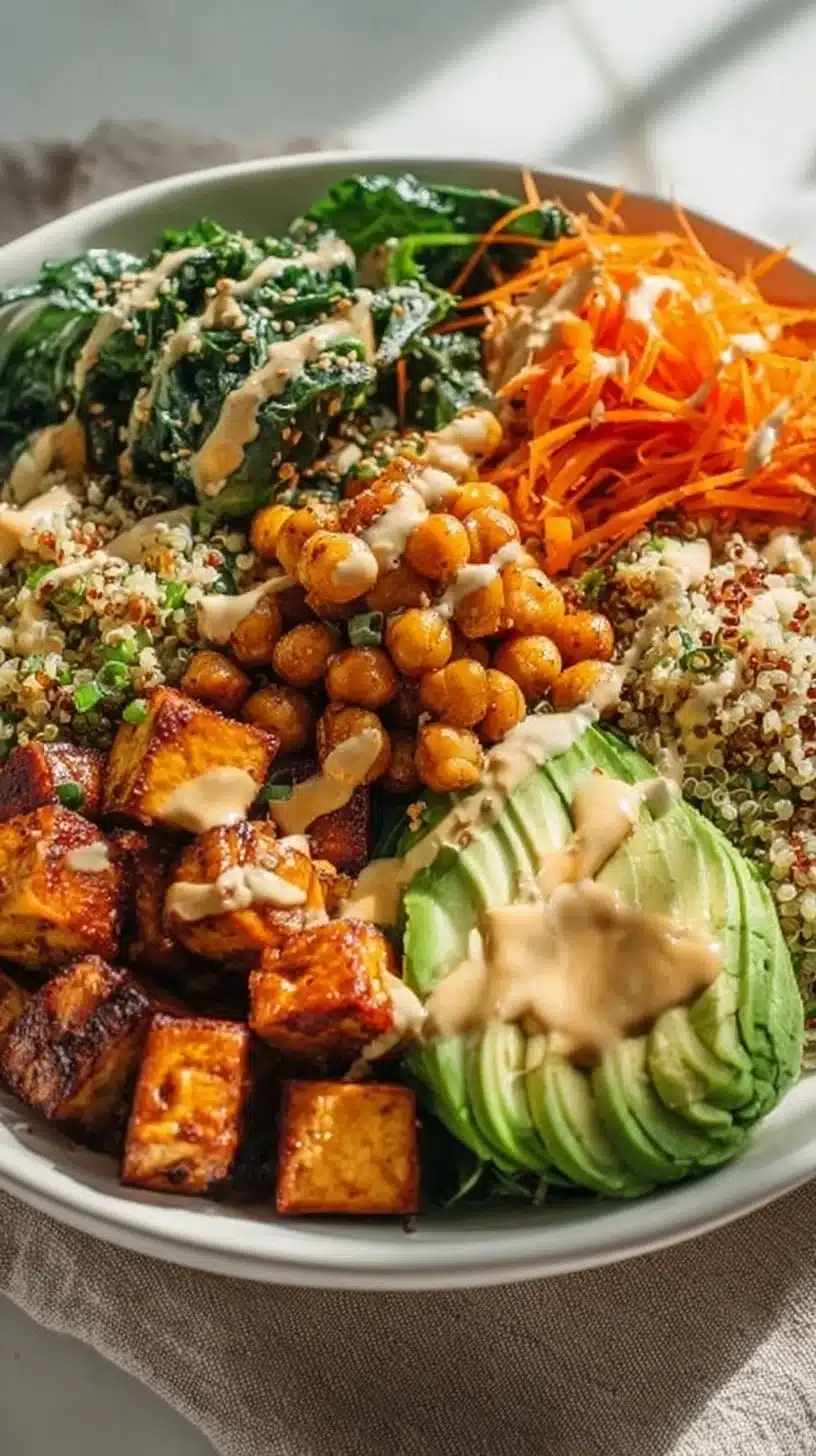 Miso glazed sweet potato bowl topped with fresh vegetables and herbs