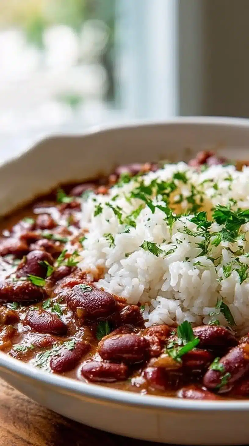 A bowl of Old-Fashioned Red Beans and Rice, a classic Southern dish.