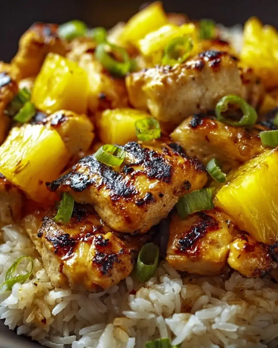 Delicious Pineapple Chicken served over rice with vibrant garnishes