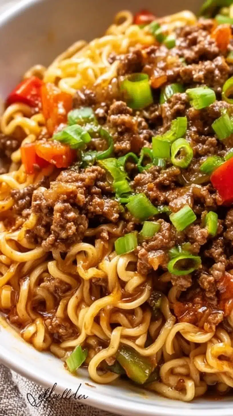 Quick beef ramen noodles stir fry served in a bowl