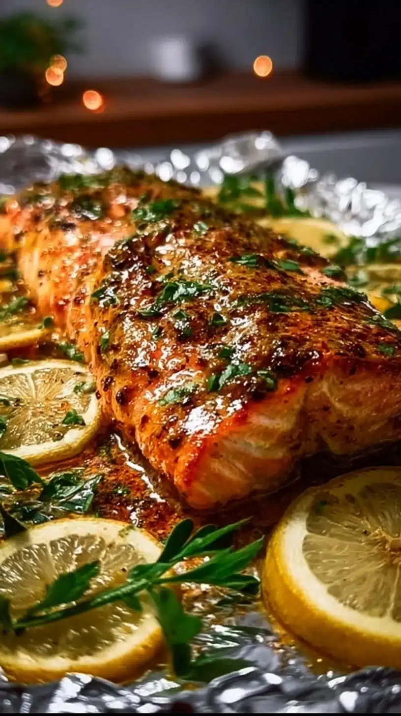 Delicious honey mustard salmon on a plate with fresh herbs