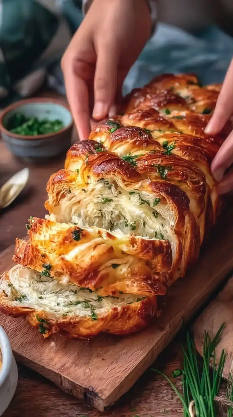 Freshly baked sourdough garlic pull-apart bread with golden crust