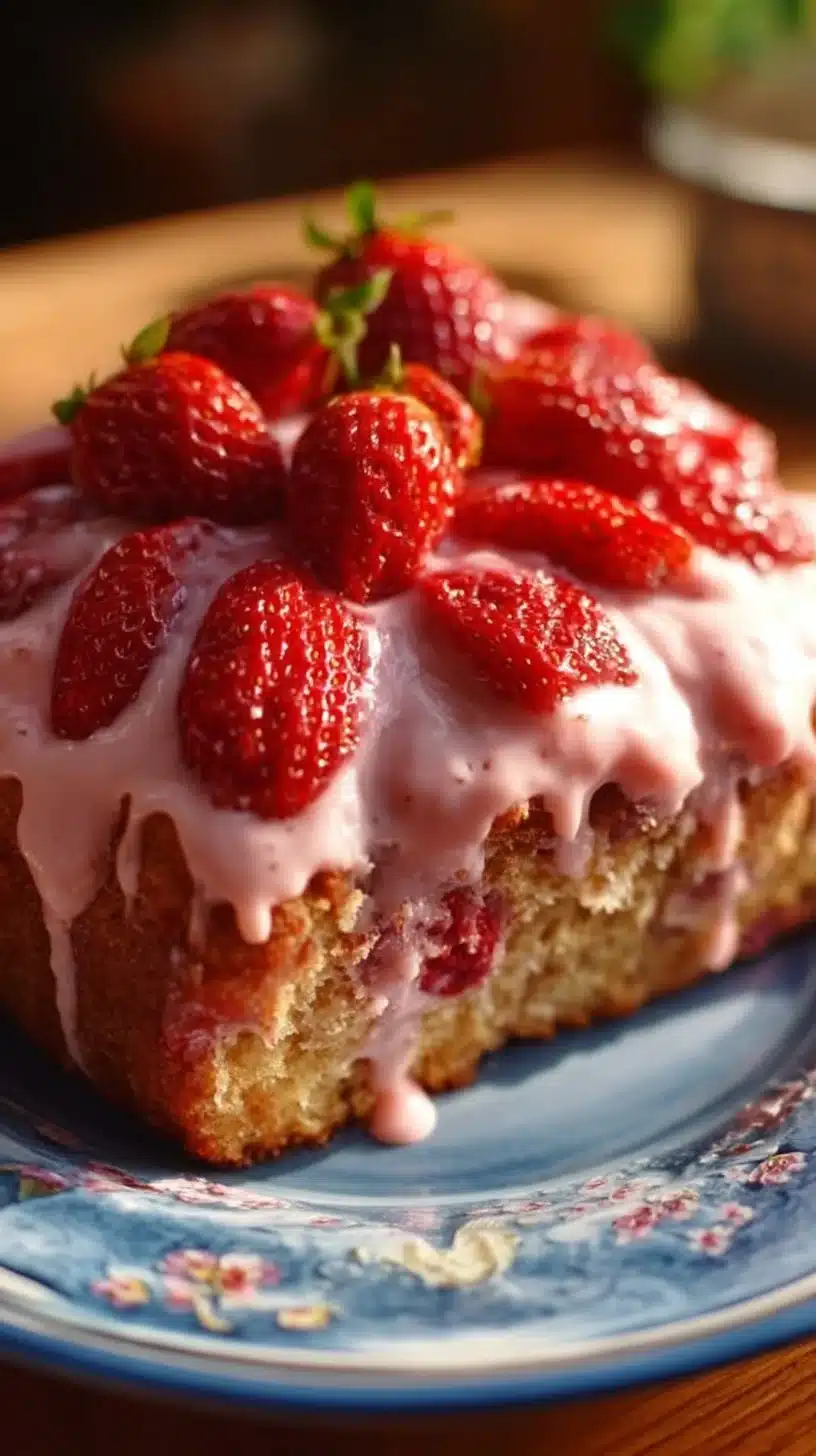 Strawberry Honeybun Cake topped with creamy strawberry icing