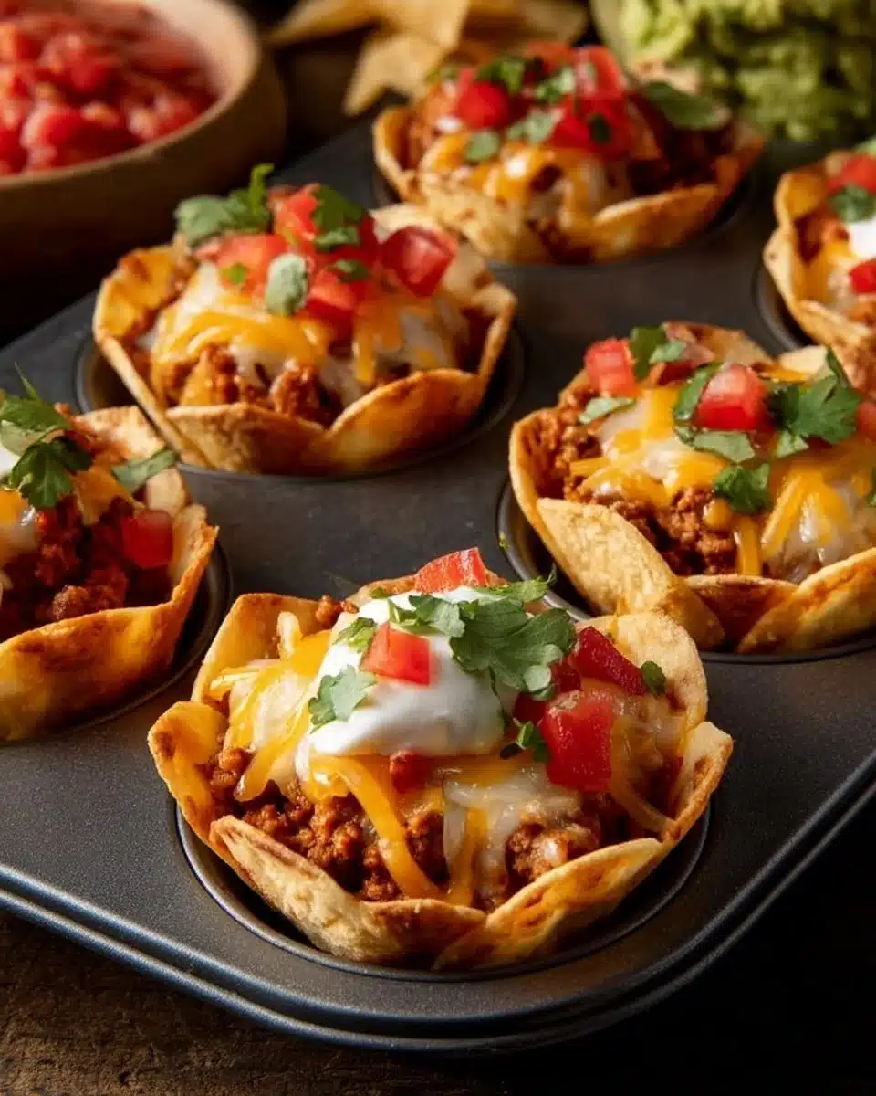 Delicious taco cupcakes topped with cheese and savory ingredients