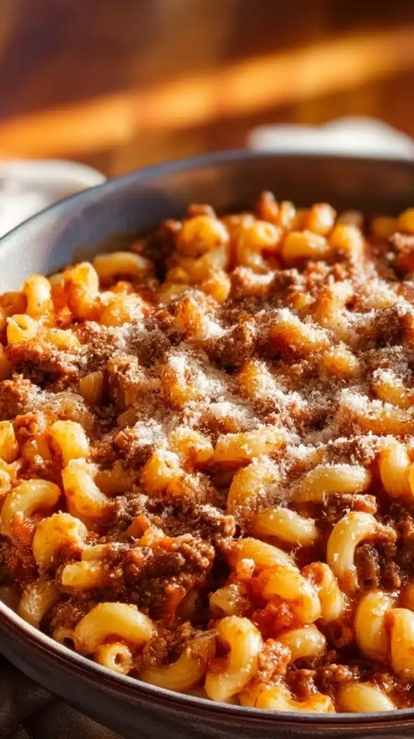 Classic Beefaroni dish made with real ingredients and classic flavors.
