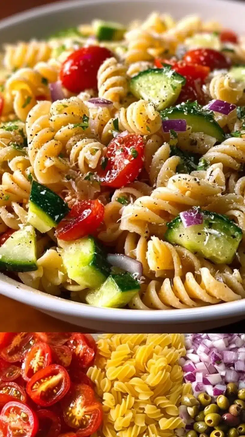 Delicious pasta salad made with Italian dressing and fresh vegetables