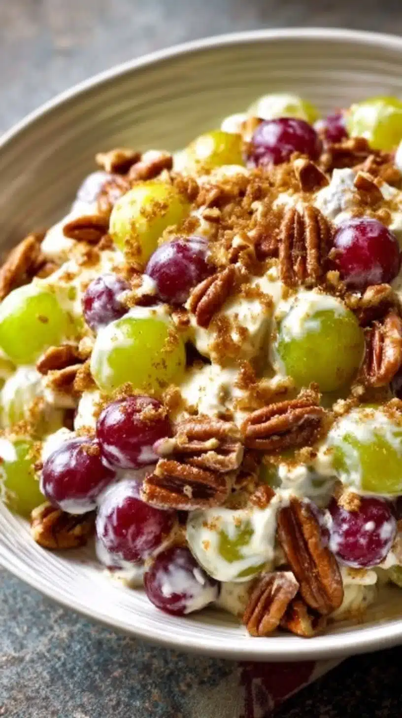 Creamy Grape Salad in a bowl, inspired by Chicken Salad Chick's recipe.