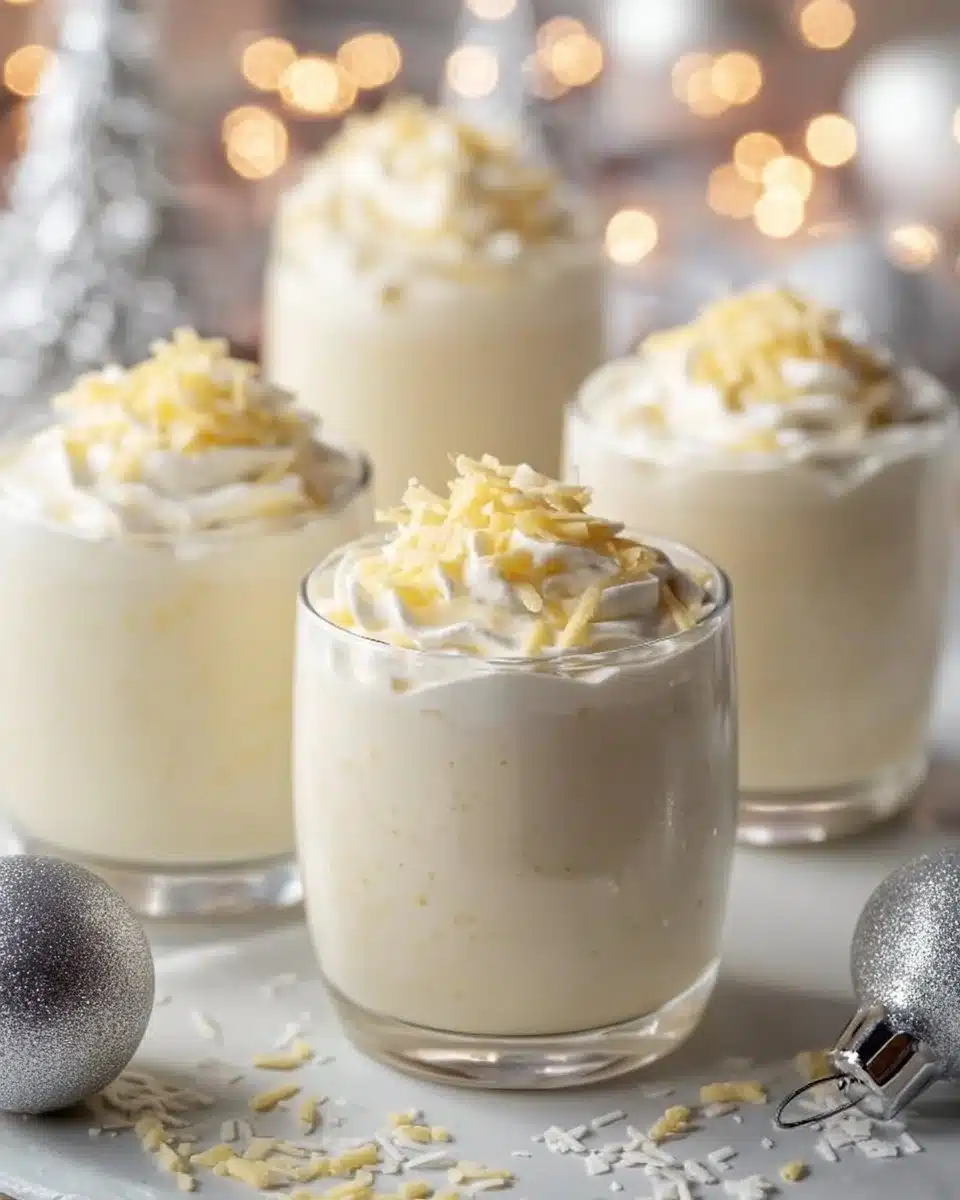 Creamy Winter Wonderland Smoothie in a festive glass with holiday decor