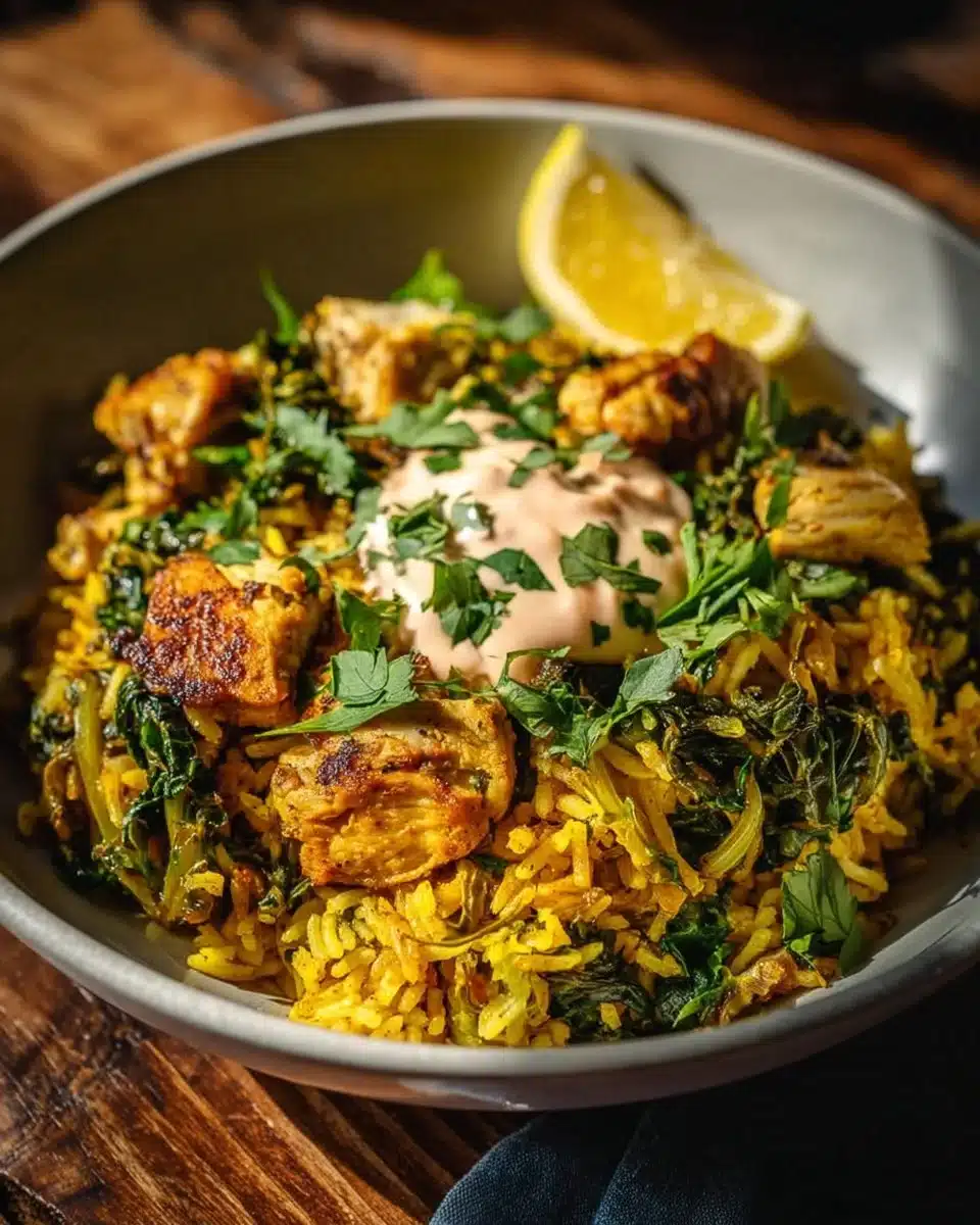 Delicious anti-inflammatory turmeric chicken and rice bowl garnished with herbs