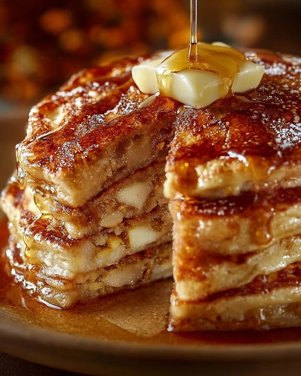 Fluffy apple pie pancakes with cinnamon apples on a plate
