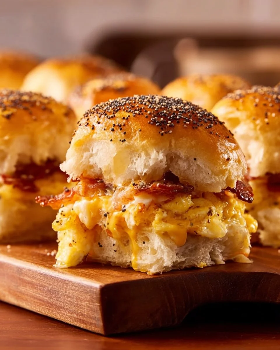 Bacon egg and cheese breakfast sliders served on soft buns.