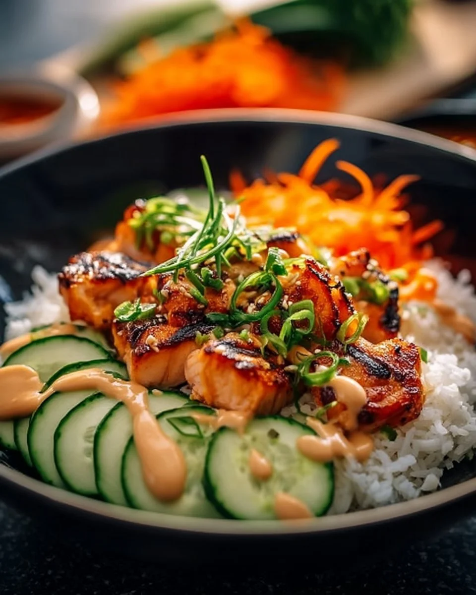 Delicious Bang Bang Salmon Bowls served with colorful veggies and rice