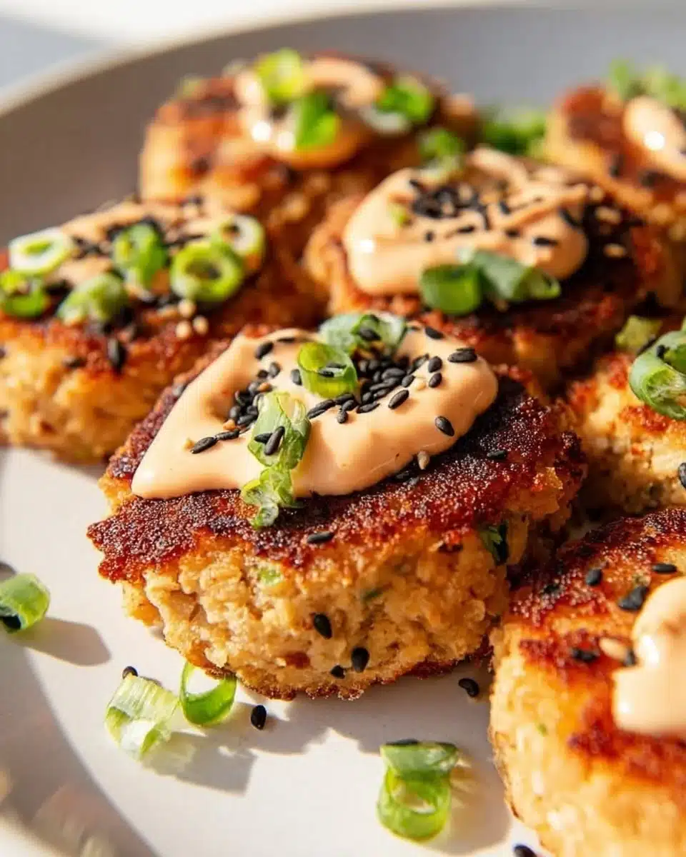 Asian-style tuna cakes with spicy mayo served on a plate