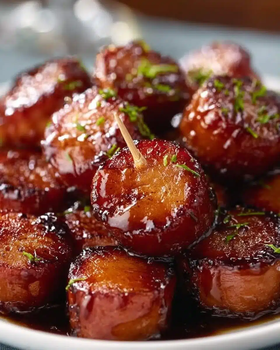 Plate of sweet and savory candied kielbasa bites at a party